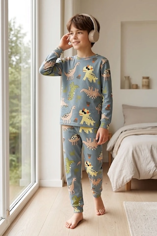 Zuzunga Dinozor Desenli Erkek Çocuk Pijama Takımı Gri