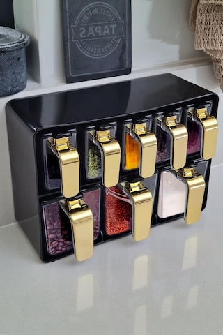 Herevin Sekizli Standlı Baharatlık Seti Gold Kulplu Siyah Kapak 161280-822 Gold - Siyah