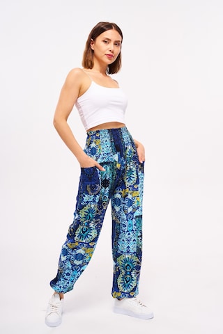 Giysa Mavi Etnik Desenli Kadın Şalvar Yoga Pantolonu %100 Viskon Çift Cepli - 2460 Mavi