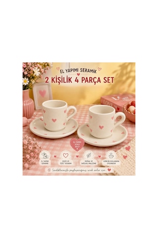 El Yapımı Seramik Türk Kahvesi Fincan Takımı,2 Kişilik-4 Parça Fincan Seti,75 Ml Çok Renkli - Pembe Kalp Desen
