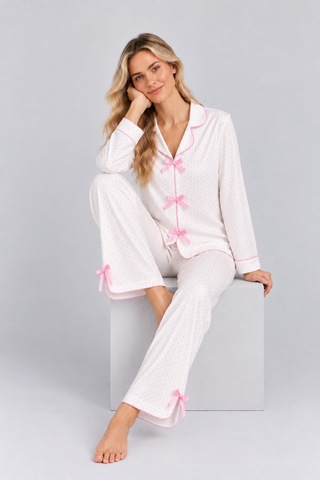 Pijamask Kadın Beyaz Pembe Puantiyeli Fiyonk Detaylı Bol Paça Pijama Takımı Beyaz