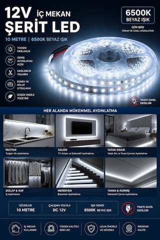 12v İç Mekan Şerit Led 10 Metre 6500k Beyaz Işık Kesilebilir Led Şerit Trafo Hariç 10 Metre Beyaz