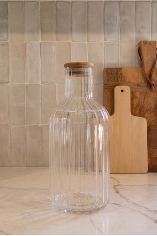 1350 Ml Cam Şişe Ahşap Kapaklı Cam Sürahi Çizgili Borosilikat Cam Şişe Şeffaf Cam Su Şişesi Mutfak İçecek Şişesi 11x25 Cm Şeffaf