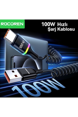 Rocoren 100w 7a Spiral Rgb Led Işıklı Spiral Type-c Hızlı Şarj Ve Data Kablosu 1.6 Metre