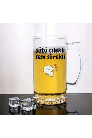 Sütü Çilekli Seni Sürekli Tasarımlı Arjantin Bira Bardağı Kulplu Bardak