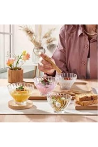 Cam Kase Seti Çizgili Desenli, 6 Lı Servis Ve Tatlı Kasesi, Salata, Meze, Çerez Ve Dondurma İçin Şık Sofra Gereci Açık Bej