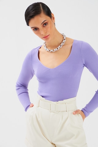 Sateen V Yaka Triko Crop - Lila-131507 Lila