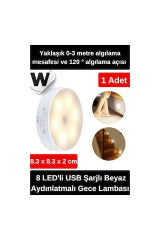 Özel Tasarım Mıknatıslı 3 Modlu Hareket Sensörlü 8 Led'li Usb Şarjlı Beyaz Aydınlatmalı Gece Lambası Diğer