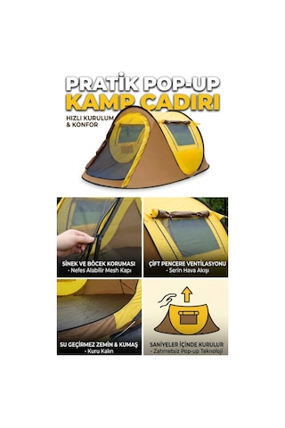 Pratik Pop-up Kamp Çadırı - 3 Kişilik Otomatik Kurulum, Su Geçirmez & Sinekli Korumalı 220 120 90 Cm Sarı