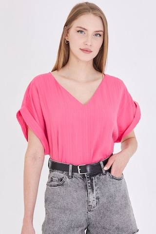Armonika Kadın Fuşya V Yaka Yanları Yırtmaçlı Arkası Uzun Duble Kol Detaylı Oversize Bluz Arm-24y001074