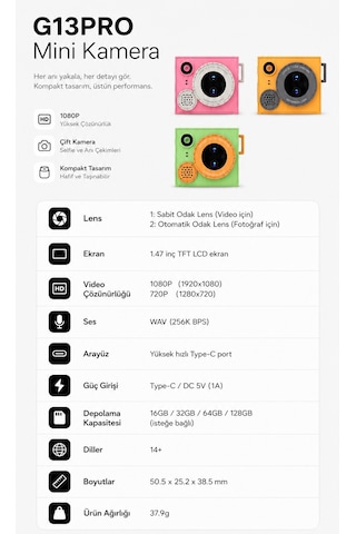 Bubitechh G13 Pro 1080P Mini Kamera Kompakt Dijital Fotoğraf Makinesi