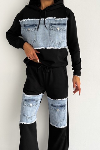 Femelle Denim Kot Garnili Cep Detaylı Kapüşonlu Alt-üst Takım siyah