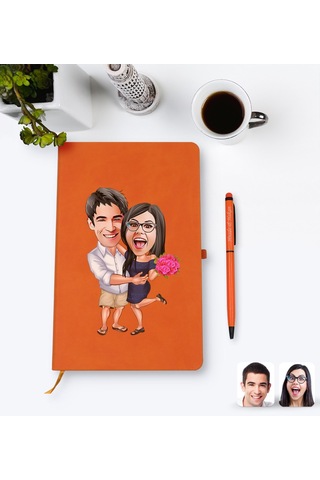 Kişiye Özel Sevgililer Karikatürlü Turuncu Termo Deri Defter Kale N11.2259