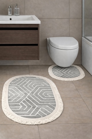 Kaymaz Tabanlı 2 Li Banyo Paspas Seti Yıkanabilir, Su Emici, Toz & Leke Tutmaz Oval Klozet Takımı Kahverengi - Mavi
