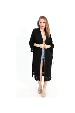 Kimono Palmiye Baskılı Püsküllü - Siyah-siyah Siyah