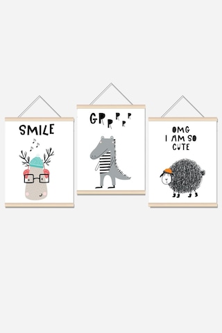 Sevimli Hayvanlar Ip Askılı Çocuk Odası Kanvas Poster Tablo Duvar Dekoru 3'lü Set