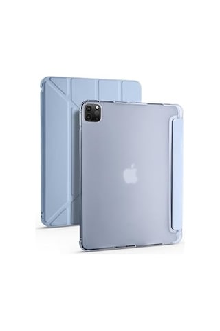 Apple İpad İle Uyumlu Kalem Bölmeli Trifolding Cover Tablet Kılıf Katlanabilir Standlı Otomatik Uyku Modlu Darbe Emici İnce Tasarım Mavi, İpad 12.9 Air 13 2024/2025