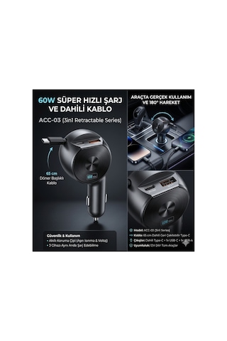 Acc-03 60w Süper Hızlı Araç Şarj Cihazı-3in1 Makaralı Geri Çekilebilir Type-c Kablolu -180 Dönen Baş