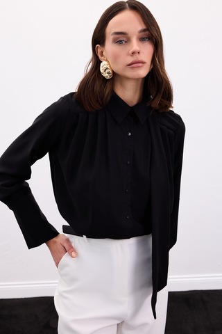 Sateen Fularlı Gömlek - Siyah-136899 Siyah