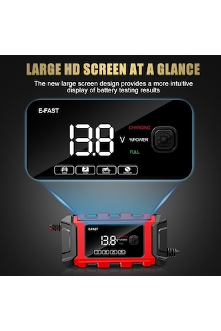 E-fast Tk-360 Akıllı Motor Ve Araç Şarj Cihazı - 12v/6a Hızlı Şarj, Tam Otomatik, Kırmızı, Avrupa Fişi