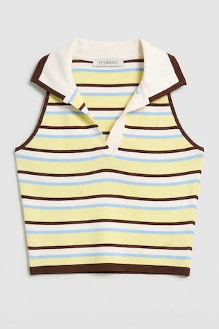 Kadın Sarı Çizgili S6-108 Crop Fit Polo Yaka İnce Yazlık Triko Body