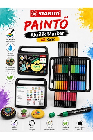 Stabilo 791/48 Paınto 48 Renk Akrilik Marker Seti Su Bazlı Çok Yüzeyli Boya Kalemi Çantalı Çok Renkli