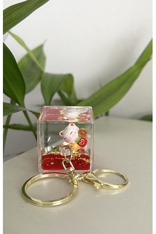 Feng Shui Şans Ve Bereket Kedisi Figürlü Sulu Anahtarlık / Çanta Süsü Patili Kedi Model 2 Maneki Neko