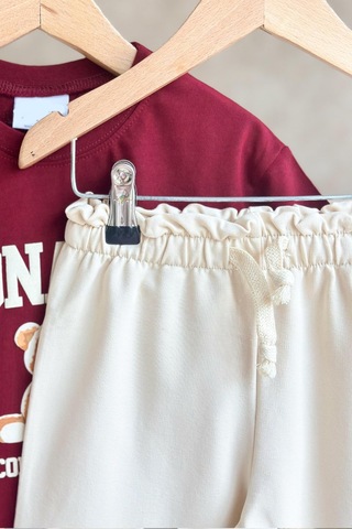 Monila Kız Çocuk Pamuklu Ayıcık Baskılı Bordo T-shirt Ve Ekru Eşofman 2'li Takım Ekru/bordo