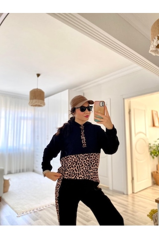 Modasize Kadın Uzun Kollu Leopar Detay Sweat Ve Yanı Leopar Şerit Detay Pantolon Ikili Takım Siyah