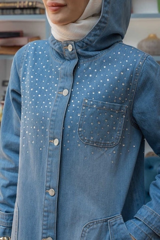 6329-taşlı Denim Kapşonlu Kap Mavi Mavi