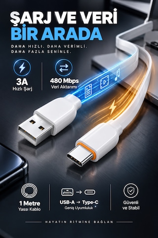 Type-c Şarj Ve Data Kablosu 100 Cm 3a Yassı Esnek Sakız Kablo Usb-a To Type-c 1 Metre Şarj Kablosu