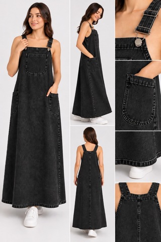 Bul-al Kadın Uzun Denim Jile Elbise Askılı Cepli Jean Elbise Siyah