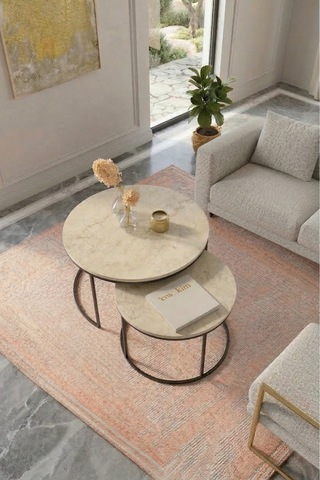 Milas Orta Sehpa 75-60cm Siyah Metal - Traverten Desen Tabla Siyah Traverten