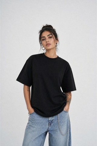 Modivibe Kadın Oversize T-shirt %100 Organik Pamuklu Kalın Dokulu Fit Yuvarlak Yakalı Siyah