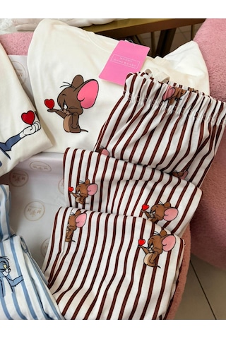 Mh Moony Homewears Kadın Tekli Farecik Pijama Çift Pijamasının Kadını Krem