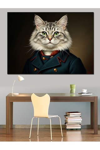 Askeri Üniformalı Aristokrat Kedi Portresi Dekoratif Kanvas - Mdf Ahşap Tablo