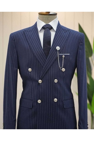 Beystil Sivri Yaka Lacivert Çizgili Kruvaze Takım Elbise Bezayak036 - Slim Fit Lacivert