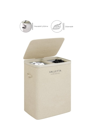 Paloma 100l Çift Yıkanabilir Bölmeli Katlanabilir Kumaş Kirli Çamaşır Sepeti Cappuccino Beige Çok Renkli