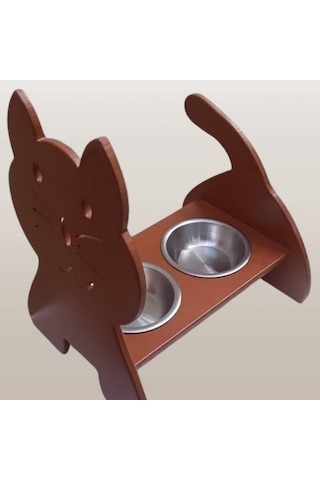 Hobi Erc 90373 Model Kedi Mama Ve Su Kabı Seti Mdf Ceviz Renk Paslanmaz Tabak