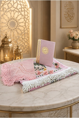 Gelin Damat Kadife Kaplı Kuranı Kerim Seccade Tesbih Takke Namaz Örtüsü Esans Ve Kutulu İslami Hediye Seti - Siyah Pembe