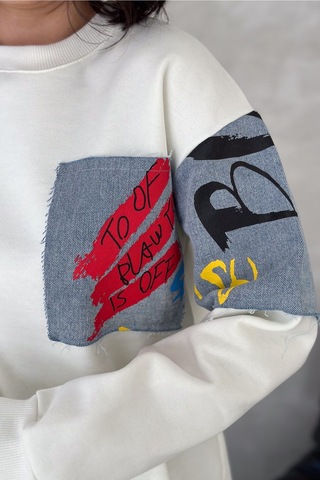 Femelle Kadın Beyaz Kot Detaylı İçi Pamuklu Sweatshirt - S76