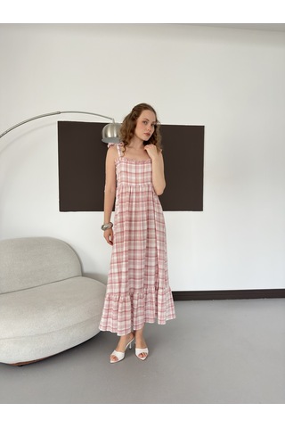 Verymoda Kadın Ekose Desenli Askı Bağlama Detaylı Maxi Elbise Pembe