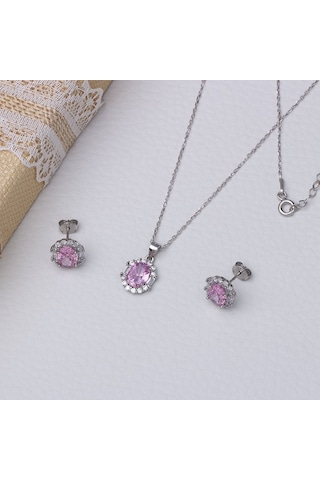 5-8 Mm Pembe Oval Zirkon Taşlı 925 Ayar Gümüş Kadın 2'li Set Gümüş