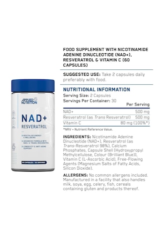 Applied Nutrition Nad+ Trans-resveratrol Cellular Energy Antioxidant Support & Daily Wellness Formula 60 Caps Aromasız