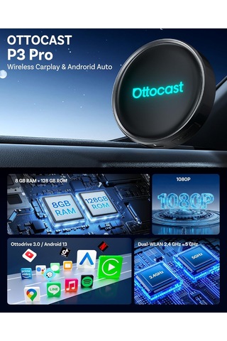 Ottocast P3 Pro Aı Kutusu Android 13 Ottodrive 3.0, Kablosuz Carplay Ve Android Auto, Aı Ses Asistanı, Bulut Sım, Böl