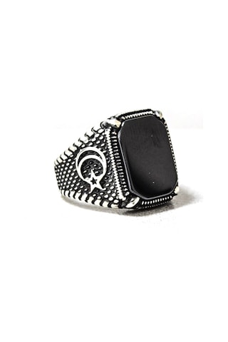 Gümüş Ay Yıldız Model Kare Oniks Taşlı Erkek Yüzük