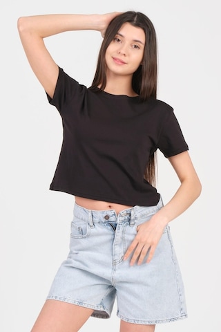 As Collection Siyah Bisiklet Yaka Kısa Kol Örme Kadın Crop 001