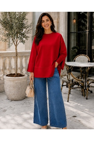 Unika Boutique Kadın Oversize Yırtmaçlı Uzun Kollu Salaş Bluz Kırmızı