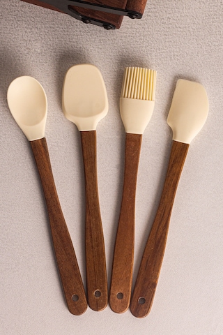 Milly Krem - 4'lü Akasya Saplı Krem Silikon Spatula Seti 21 cm Mutfak Seti Doğal Kaşık Spatula Seti