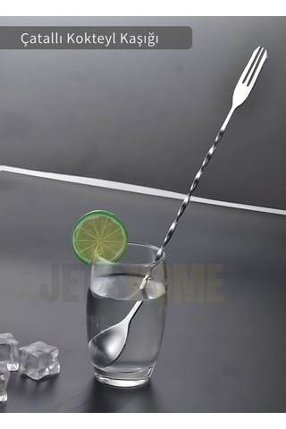 Kokteyl Kaşığı Çift Başlıklı Paslanmaz Barista Kaşığı Çatallı Barmen Kaşığı Çelik 30 Cm Gri